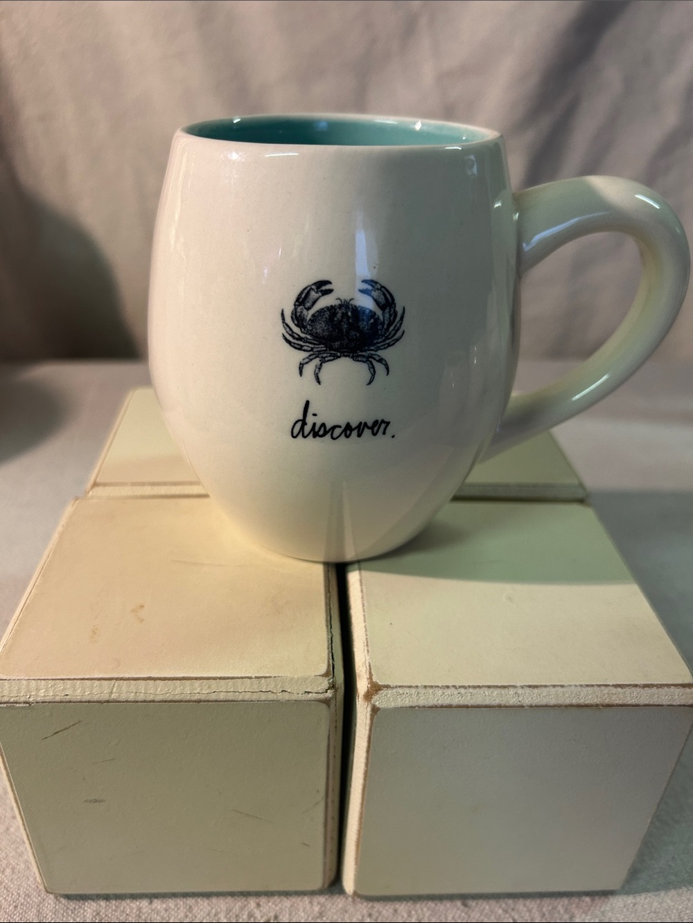 Rae Dunn Cream Mug with Teal Interior and Crab Motif